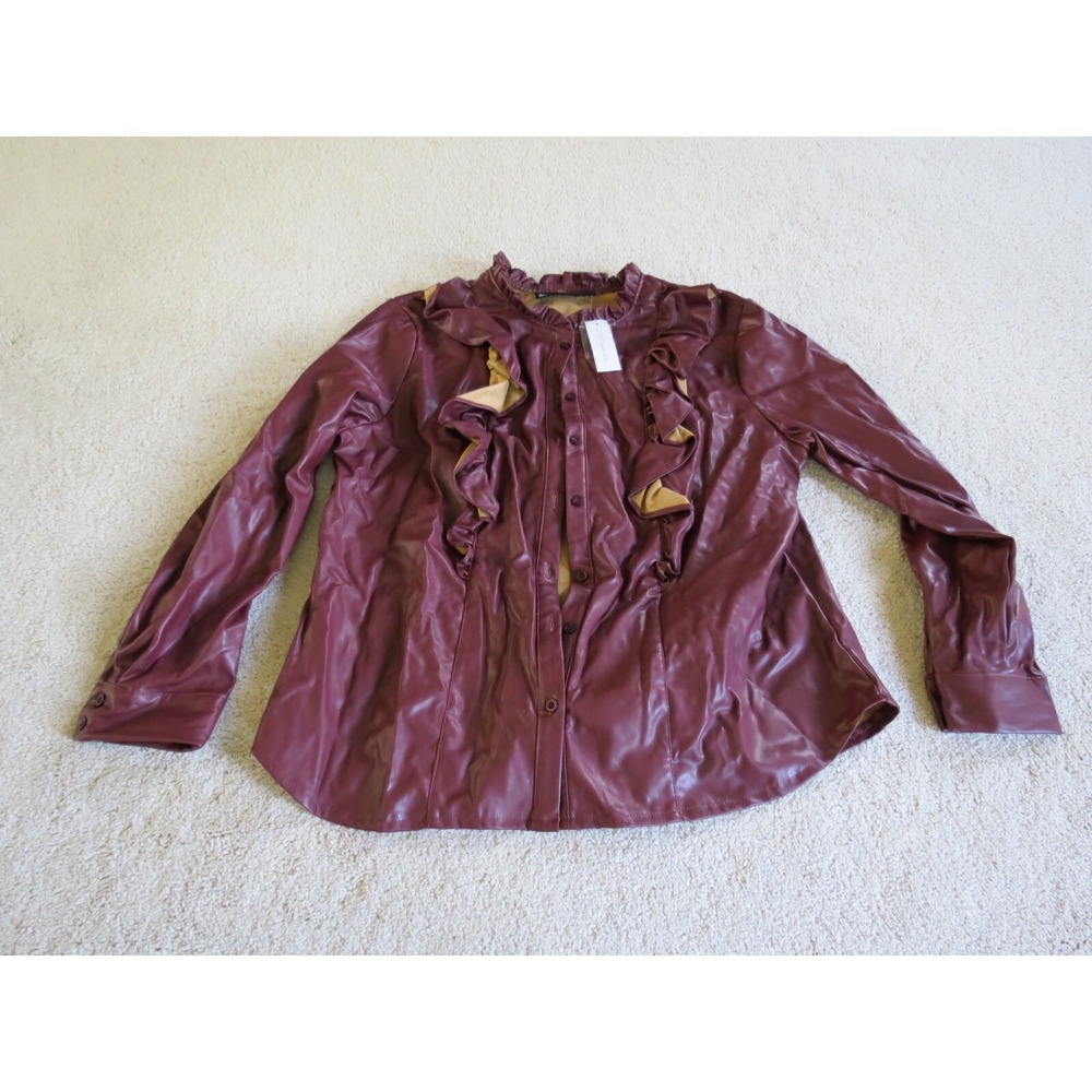 New York & Company Faux Leather Ruffle Jacket Burgundy Red 2XL XXL NWT